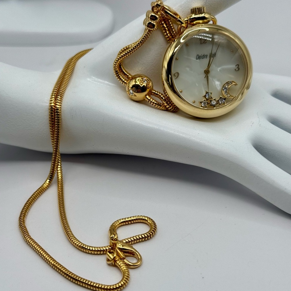 Deidre Hall Pocket Watch Necklace Crystal Accent Moon & Stars Charms MOP Face - Picture 16 of 17